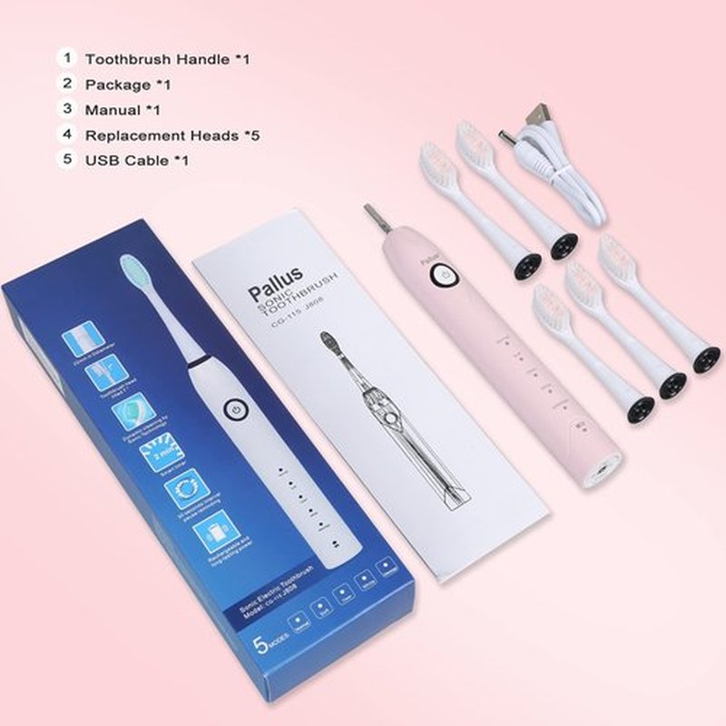 Pallus Electric Toothbrush, Sonic Toothbrush for Adults with 5 Dupont Bursh Heads, Ultra Cleaning with 37,000 VPM 5 Modes 2 Hours Charging for 30 Days Use,Pink Rechargeable Power Toothbrush
