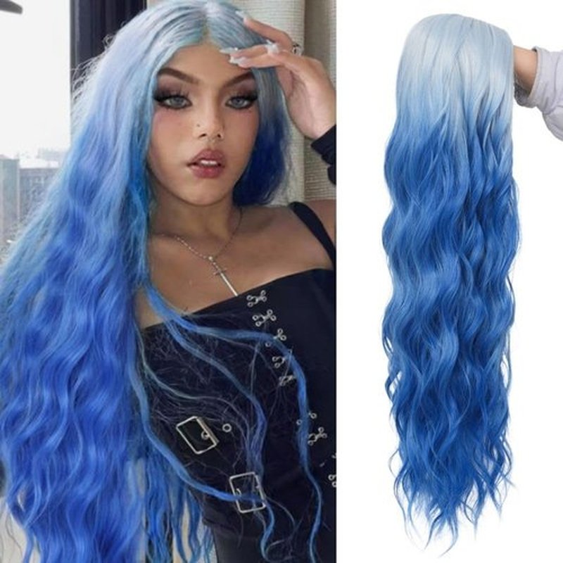 Tseses Blue White Long Wavy Women Wigs Middle Part Wigs for Women Synthetic Wig Daily Party Use (Ombre Blue)