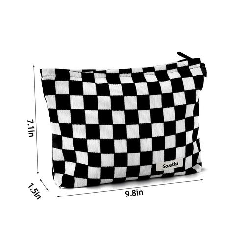 ZLFSRQ Checkered Makeup Bag for Women Girls Large Capacity Black Corduroy Travel Cosmetic Bag Set Makeup Pouch for Purse Zipper Toiletry Organizer Cute Y2K Aesthetic Trendy Makeup Brushes Storage Bag