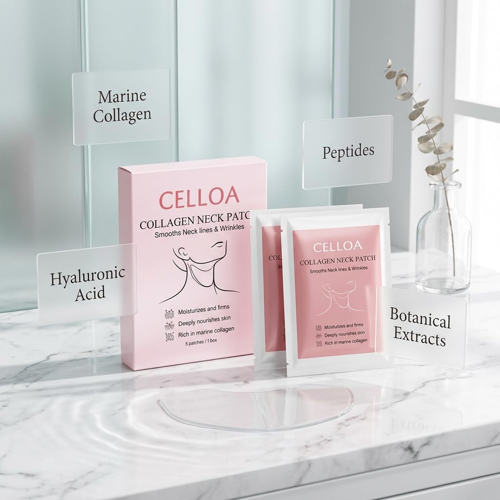 Derperzi Celloa Neck Patch, Collagen Neck Wrinkle Patches, with Peptide + Hyaluronic Acid, Tighten Sagging Wrinkles, Anti Aging & Deep Hydration, 5 Pairs/Box