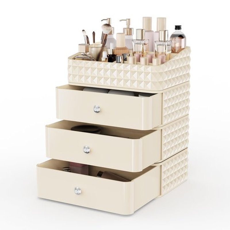 Rosoenvi Makeup Organizer for Vanity, Stackable Cosmetics Organizer and Storage, Cosmetic Display Cases with 3 Drawers and 1 Tray for Makeup Brush, Hair Accessories, Lipstick and Jewelr, Beige