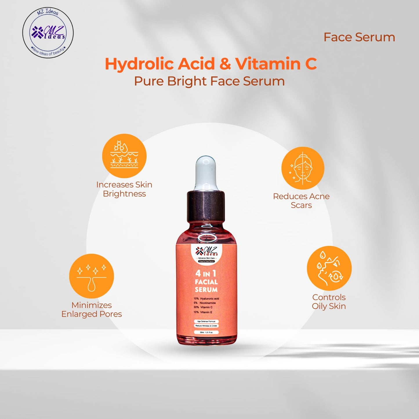 4 in 1 Facial Serum, 10% Hyaluronic Acid, 5% Niacinamide, 30% Vitamin C, 10% Vitamin E, 1.01 fl oz