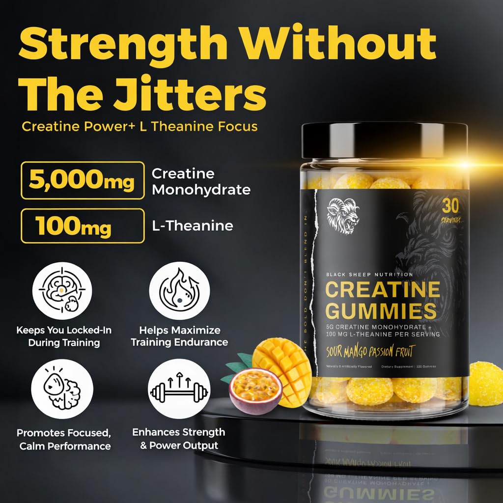 BLACK SHEEP NUTRITION Creatine Gummies, 5g of Creatine Monohydrate, L-Theanine, Non-GMO, Vegan - Build Muscle & Boost Recovery for Men & Women, Made in USA (30 Servings, Sour Mango Passionfruit)