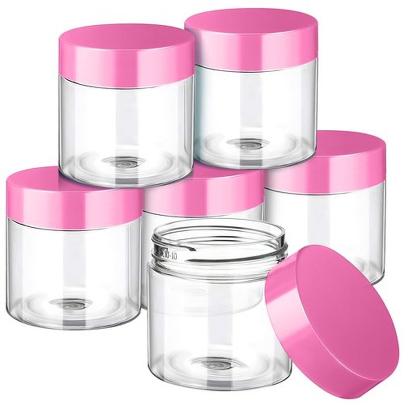 6 Pack Clear Container with Lids Small Plastic Pot Jars Wide Mouth Round Leak Proof Plastic Container Jars with Lid for Travel Storage, Eye Shadow, Nails, Paint, Jewelry (2 oz, Pink)