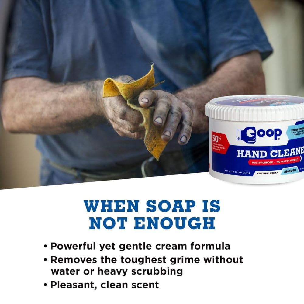 GOOP Multi-Purpose Hand Cleaner- Waterless Hand Degreaser, Laundry Stain Remover - NonToxic and Biodegradable Cleaner Remove Dirt, Oil, Paint, Ink, and Clothes Stains Original, 14oz Pack of 1
