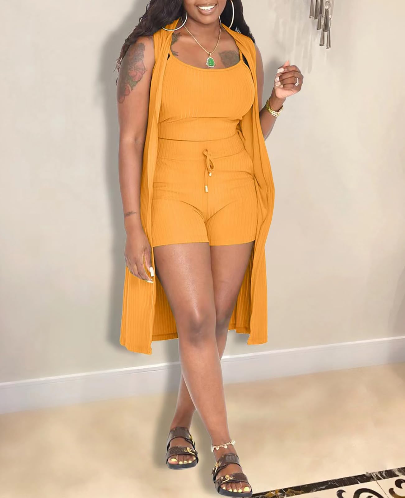 Aladeno Women 3 Piece Outfits Ribbed Sleeveless Kimono Cardigan Cover Up Tank Crop Tops Bodycon Shorts Tracksuit Lounge Sets Yellow Medium