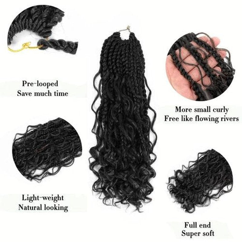 Boho Box Braids 10 Inch Crochet Hair Bohemian Crochet Box Braids with Curly Ends Goddess Box Braids Synthetic Crochet Hair for Black Women (#1B, Pack of 7))