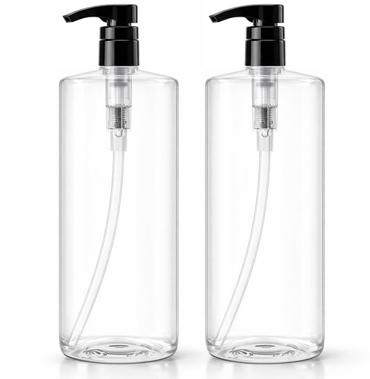 Bar5F Empty Shampoo Bottles with Pumps (2-Pack 32oz/1Liter/Large) BPA-Free PETE1 Plastic Bottle Crystal-Clear