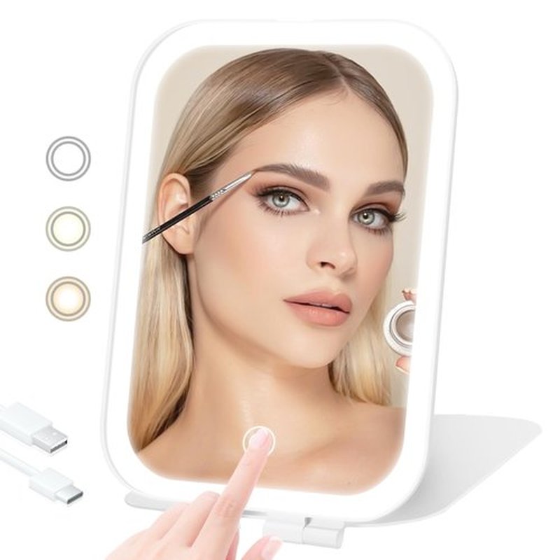 Puiuisoul Travel Makeup Mirror, Portable Mirror with Light, 3 Adjustable Light Settings USB-Rechargeable Vanity Mirror for Bedroom, Office, Home, Gift for Women and Girls (White)