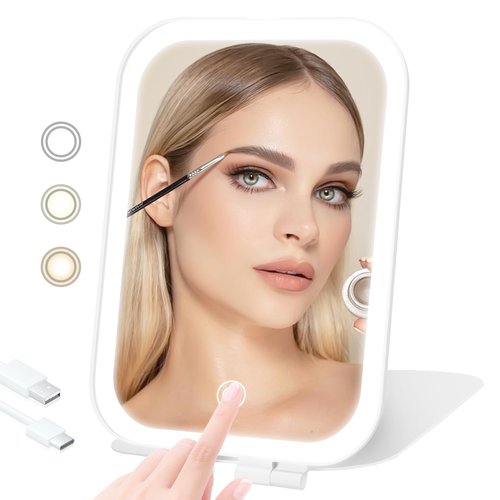 Puiuisoul Travel Makeup Mirror, Portable Mirror with Light, 3 Adjustable Light Settings USB-Rechargeable Vanity Mirror for Bedroom, Office, Home, Gift for Women and Girls (White)