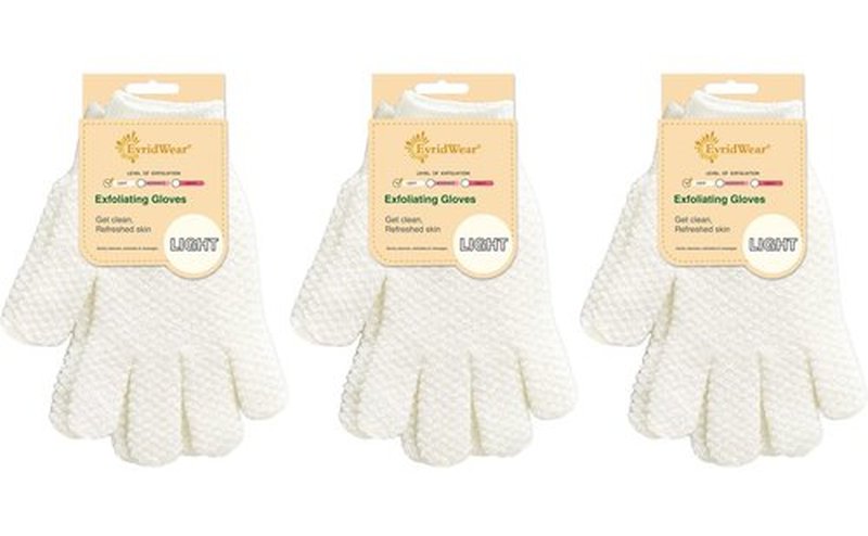 Evridwear Exfoliating Gloves for Shower, 100% Nylon Thick Soft Medium Heavy Bathing Gloves Dead Skin Remover Body Scrubber Smooth Skin with Hang Loop, 3 Pairs Light White