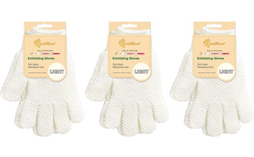 Evridwear Exfoliating Gloves for Shower, 100% Nylon Thick Soft Medium Heavy Bathing Gloves Dead Skin Remover Body Scrubber Smooth Skin with Hang Loop, 3 Pairs Light White