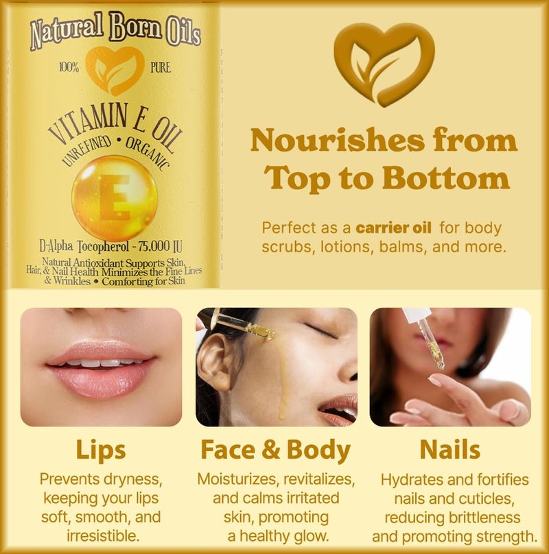 Natural Born Oils Vitamin E Oil (made from Wheat Germ), 16oz, Organic, Cold-Pressed, Nutrient-Rich, Excellent for Glowing Skin, Lustrous Hair