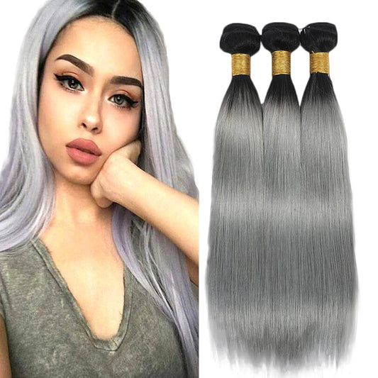 Gray Bundles Human Hair Ombre Straight Human Hair Bundles Brazilian Unprocessed Virgin Hair 3 Bundles 18 20 22 Inch Two Tone Silver Straight Bundles Hair Weave Dark Roots