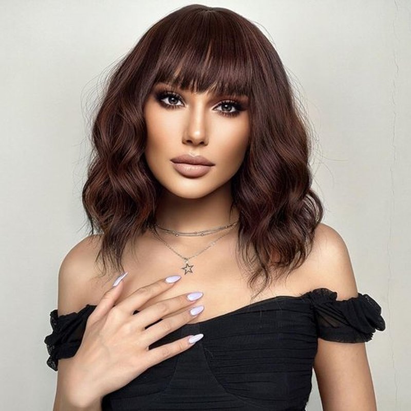 Ucubb Short Curly Wigs with Bangs for Women 14 Inches Wavy Bob Wig Synthetic Heat Resistant Fiber Wigs