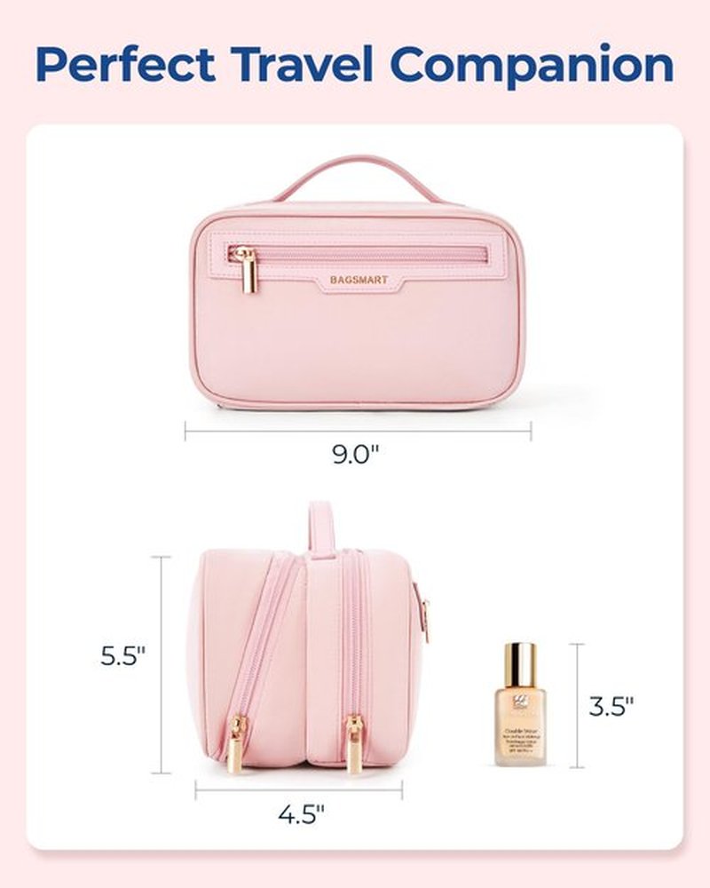 BAGSMART Travel Makeup Bag Large Capacity Cosmetic Bag, Wide-open Portable Make Up Bag Organizer for Women for Travel Essentials Travel-Size Toiletries Accessories Bottles, Brushes, Pink