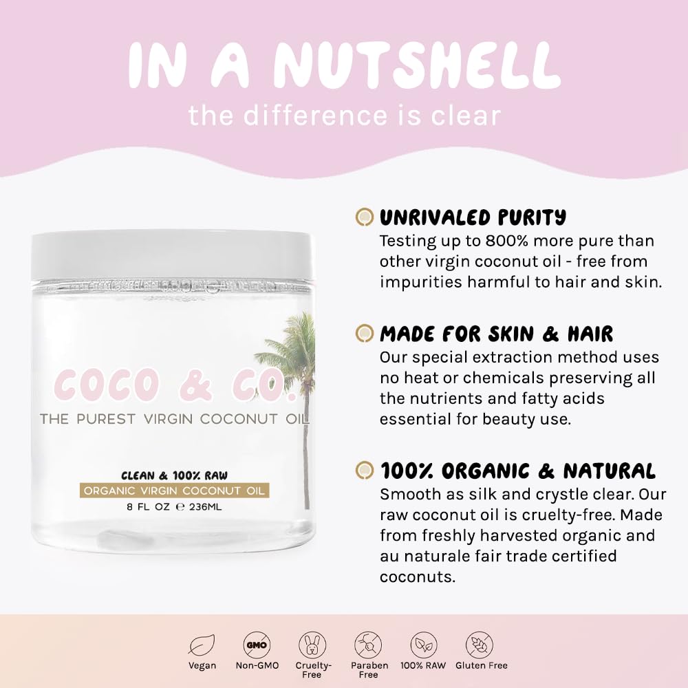 100% Raw Coconut Oil for Skin & Hair, Clean Beauty Grade, Pure and Organic Extra Virgin by COCO & CO. 8 Fl Oz (Pack of 1)