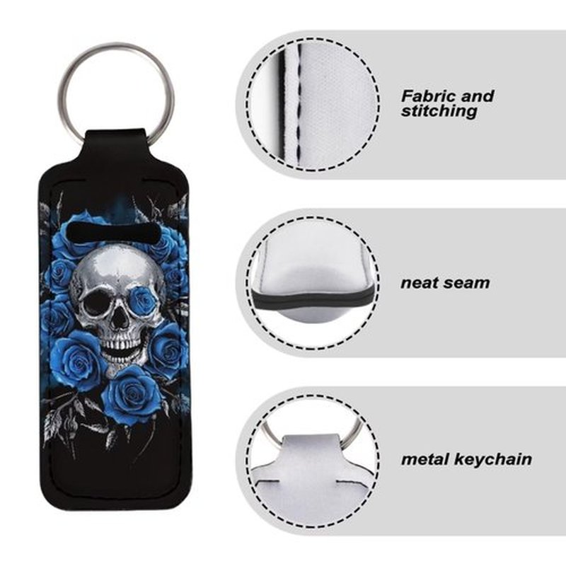 SEANATIVE Skull Roses 5 PCS Lipstick Holder Keychain Chapstick Holder Lip Balm Holder Keyring Portable Neoprene Lipstick Holder Lipstick Pouch with Metal Key Ring for Travel Carry Lipstick