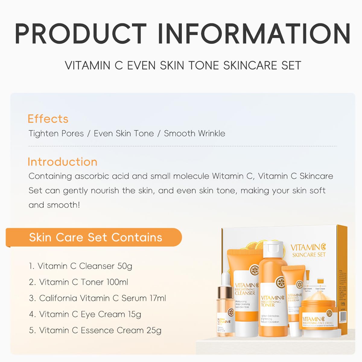 XTJXTJ Vitamin C Skincare Set, Complete Face Care Kit with Cleanser, Toner, Serum, Eye Cream and Face Cream