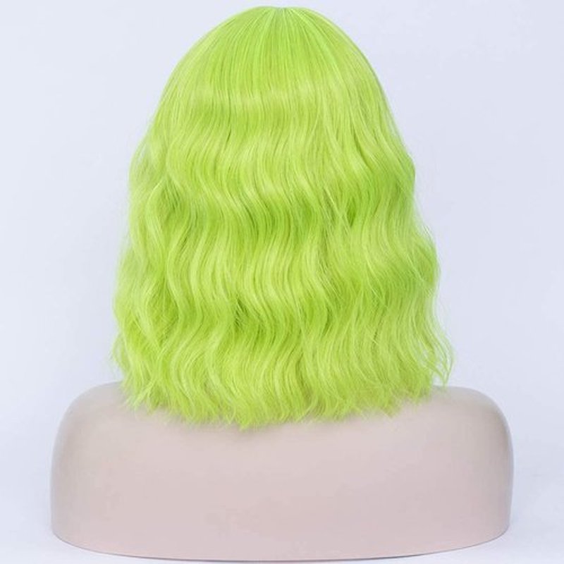 WGPFWIG Women's Yellow Green Wig Short Curly Wavy Wig Shoulder Length Flat Bangs Wig For Women Girl Cosplay Party Halloween Wig Cap Included (Yellow Green)