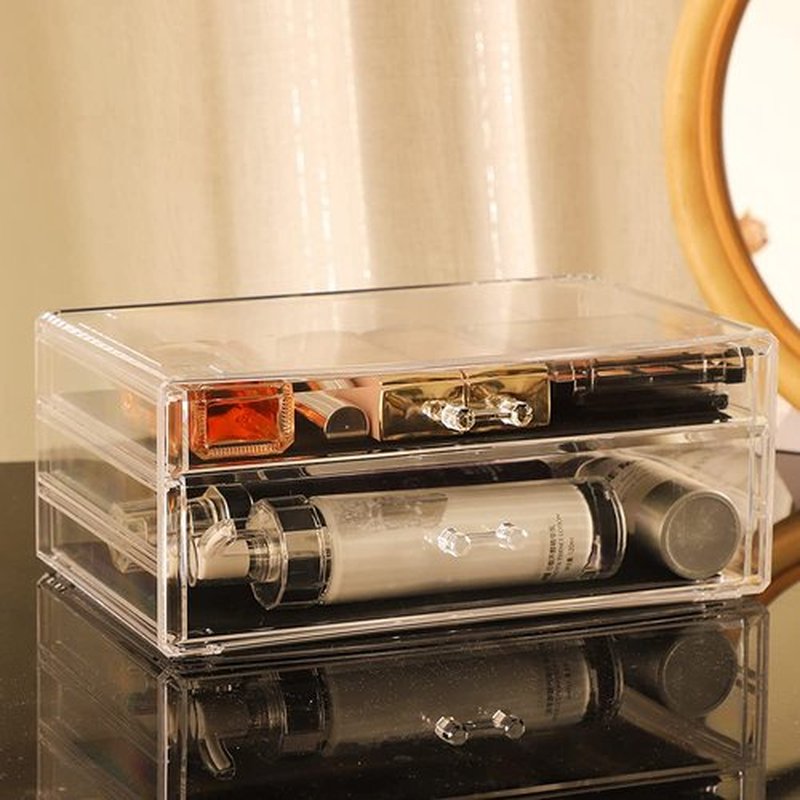 Cq acrylic Makeup Storage Organizer with Dust Water Proof Lid,Clear Cosmetics Display Case with 2 Drawers for Make Up & Skincare Products Storage for Dresser,Bathroom Countertop Organization,Set of 2