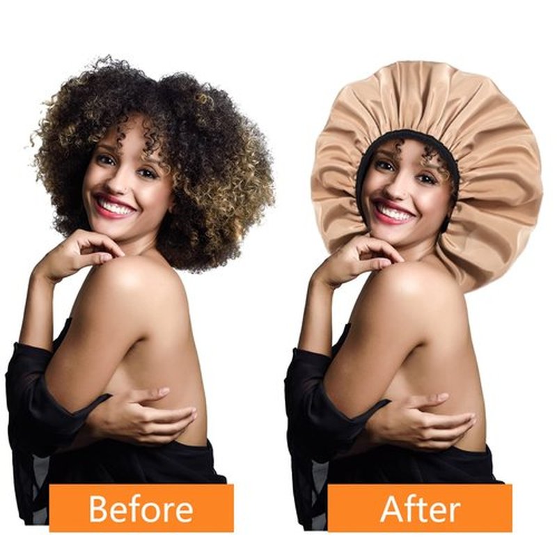 Auban Extra Large Shower Cap for Braids, Double-Layer Waterproof Reusable Satin Lining XL Shower Cap for Women Long Hair, Locs, perms (khaki)