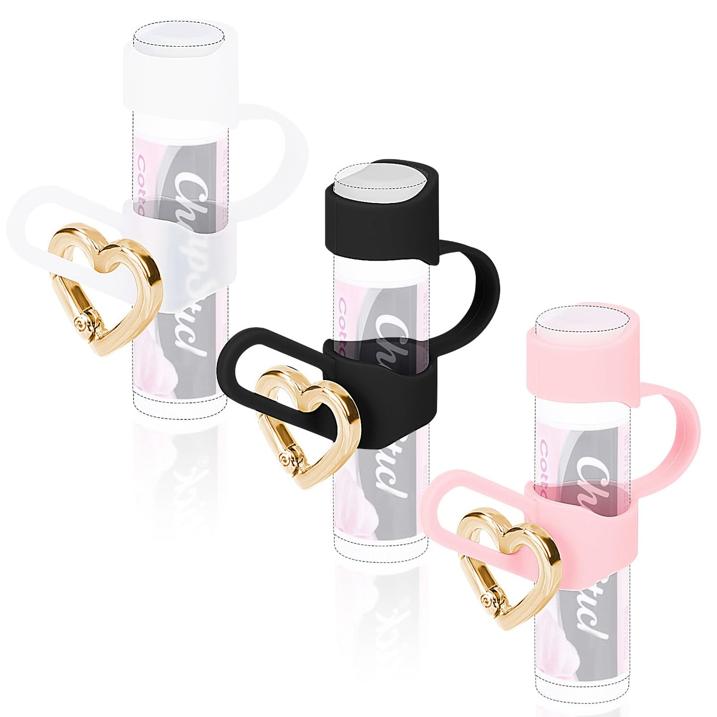 Likesing Chapstick Holder Key Chain, Silicone Lip Balm Holder with Cap Cover, Sleeve Lip Balm Holder Key Chain with Heart-shaped Key Ring(Clear Black Pink)