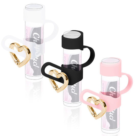 Likesing Chapstick Holder Key Chain, Silicone Lip Balm Holder with Cap Cover, Sleeve Lip Balm Holder Key Chain with Heart-shaped Key Ring(Clear Black Pink)