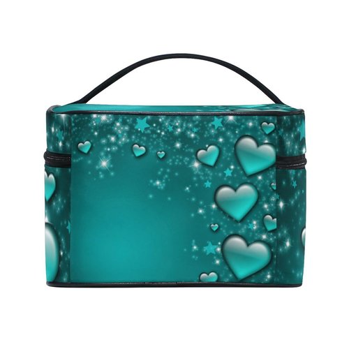 Valentine's Day Cosmetic Bag Valentines Day Turquoise Hearts Travel Makeup Organizer Bag Portable Train Case for Women Girls