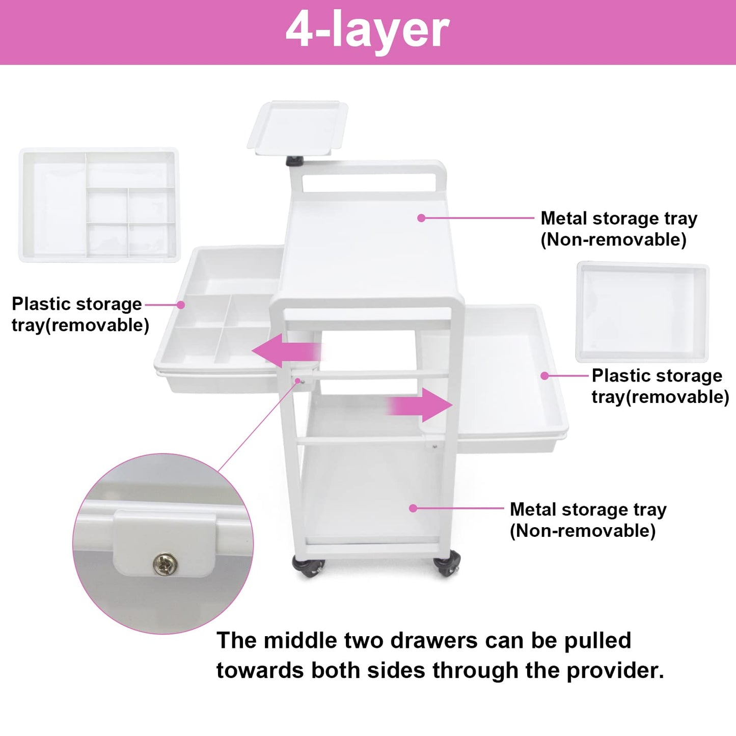 Lash Cart Beauty Eyelashes Cart Organizer Esthetician Utility Trolley Salon Spa Rolling Trolley with Wheels Metal Storage Tray Fully Assembled 4 Drawers White Elitzia ETST19