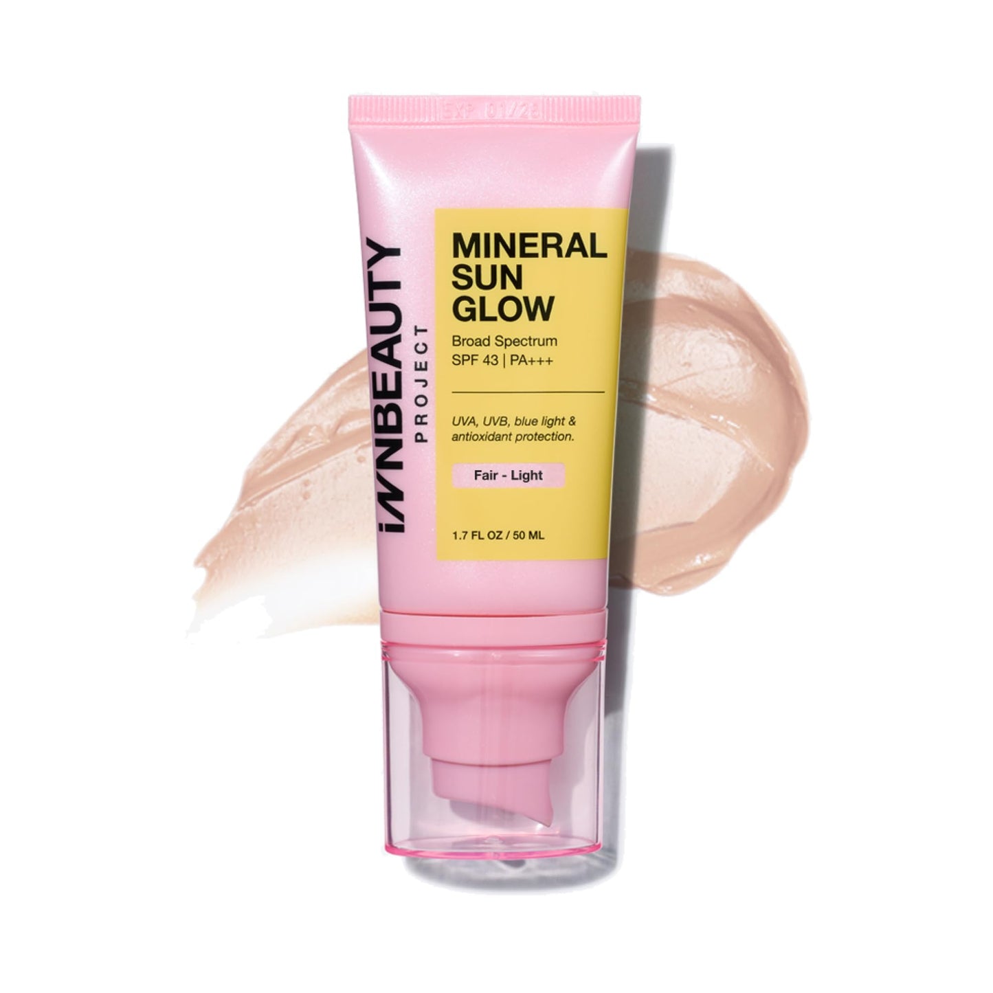INNBEAUTY Project Mineral Sun Glow Broad Spectrum Sunscreen SPF 43 PA+++ with Peptides & Vitamin C, Fair-Light, 1.7 OZ (50ml)
