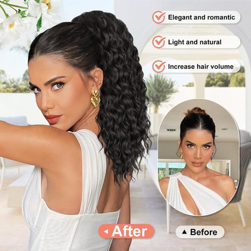 ALXNAN Wavy Curly Ponytail Extension, Long Soft 18" Black Brown Drawstring Ponytai for Black Women Natural Synthetic Hairpiece Thick For Daily Use