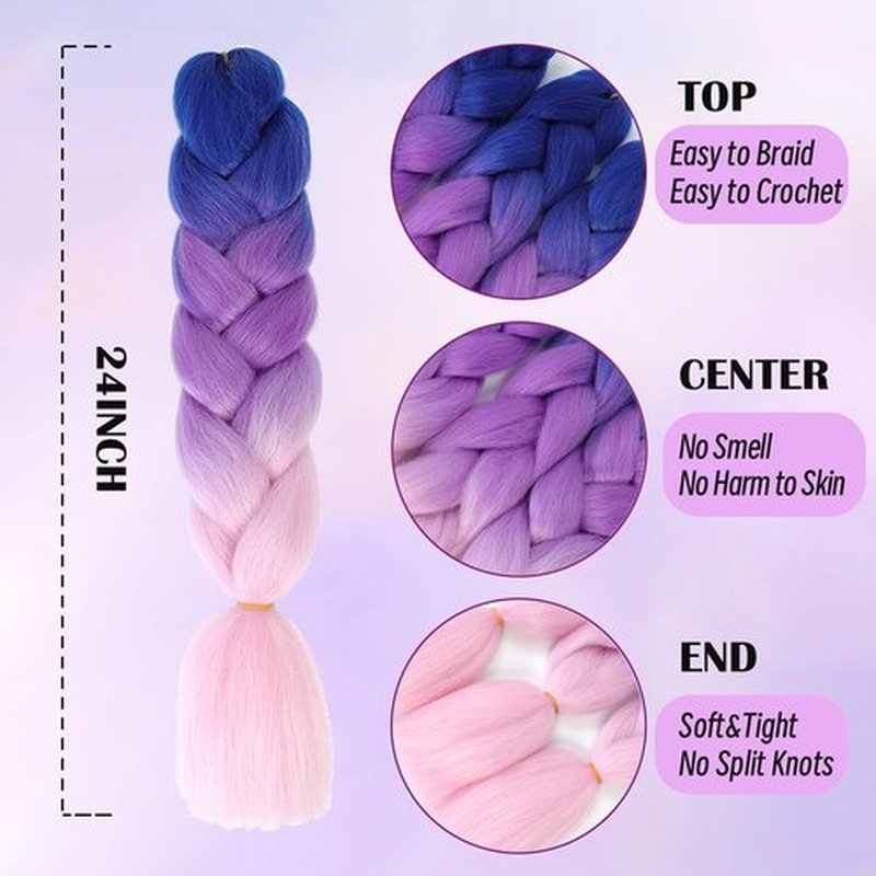 Jumbo Braiding Hair Fiber Mix Four Silky Colorful Twist Braiding Hair 3pcs Rainbow Colors Extensions Synthetic Hair Lake-Blue-Light Purple-Pink Synthetic Fiber Soft Healthy (24 Inch 3pcs)