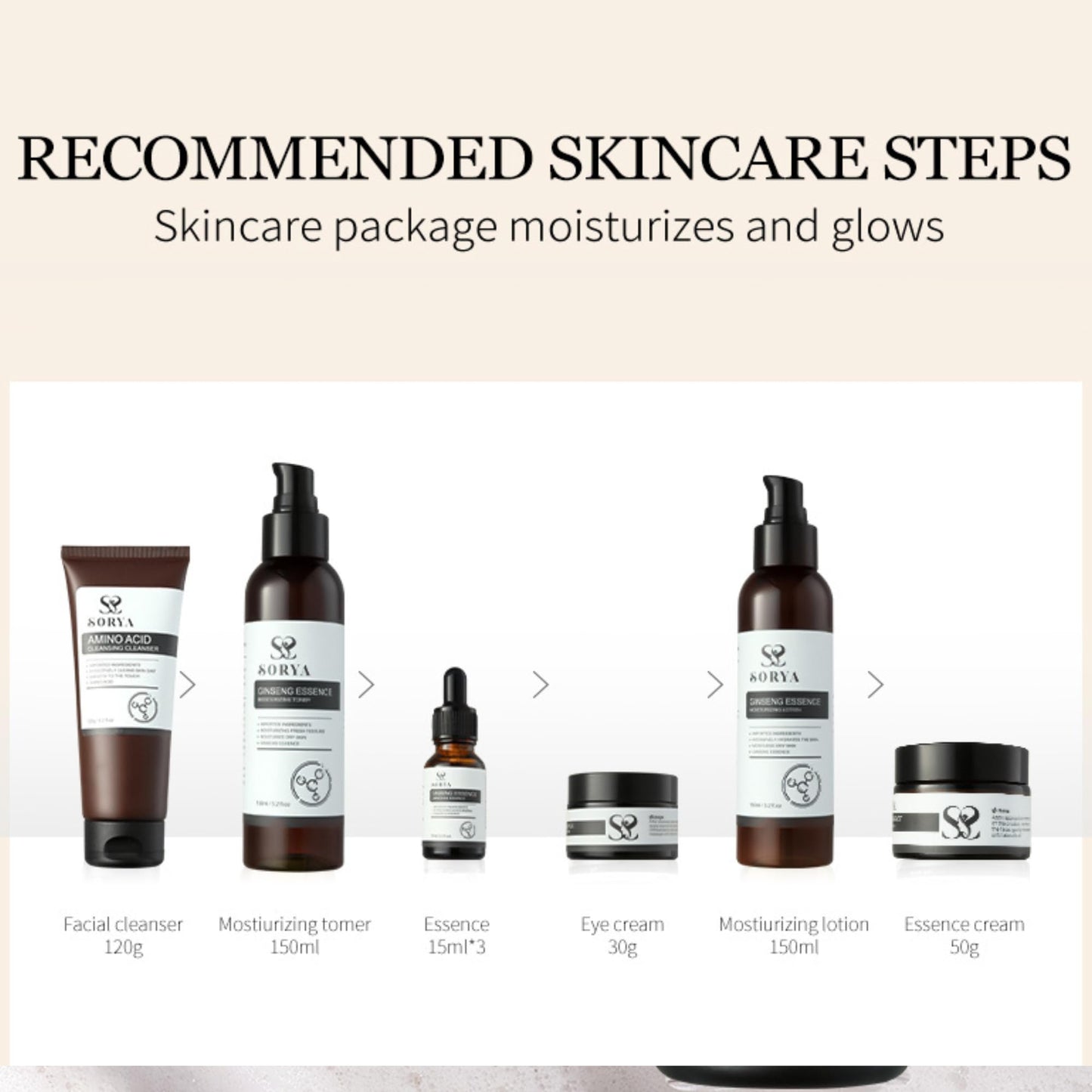 SORYA Korean Red Ginseng Skin Care Set (8-Piece) – Complete Daily Skincare Routine with Cleanser, Toner, Serum, Lotion & Moisturizer
