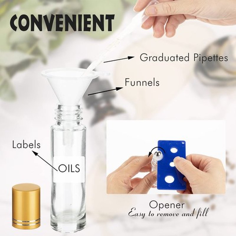 6 Pack Essential Oil Roller Bottles, 10ml Roller Balls for Essential Oils, Clear Glass Roller Bottles, Roll on Bottles with Stainless Steel Roller Balls, Labels, 1*Openers, 1*Funnels, 1*Dropper