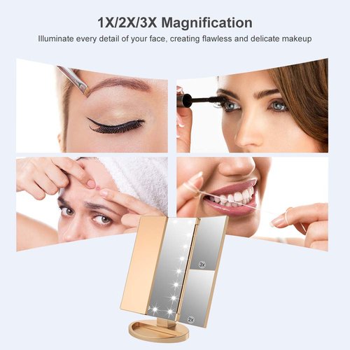 WEILY Makeup Mirror with 21 LED Lights,Two Power Supply Modes, Adjustable Touch Screen and 1x/2x/3x Magnification Tri-Fold Vanity Mirror,Chargeable Travel Cosmetic Mirror for Desktop(Gold)