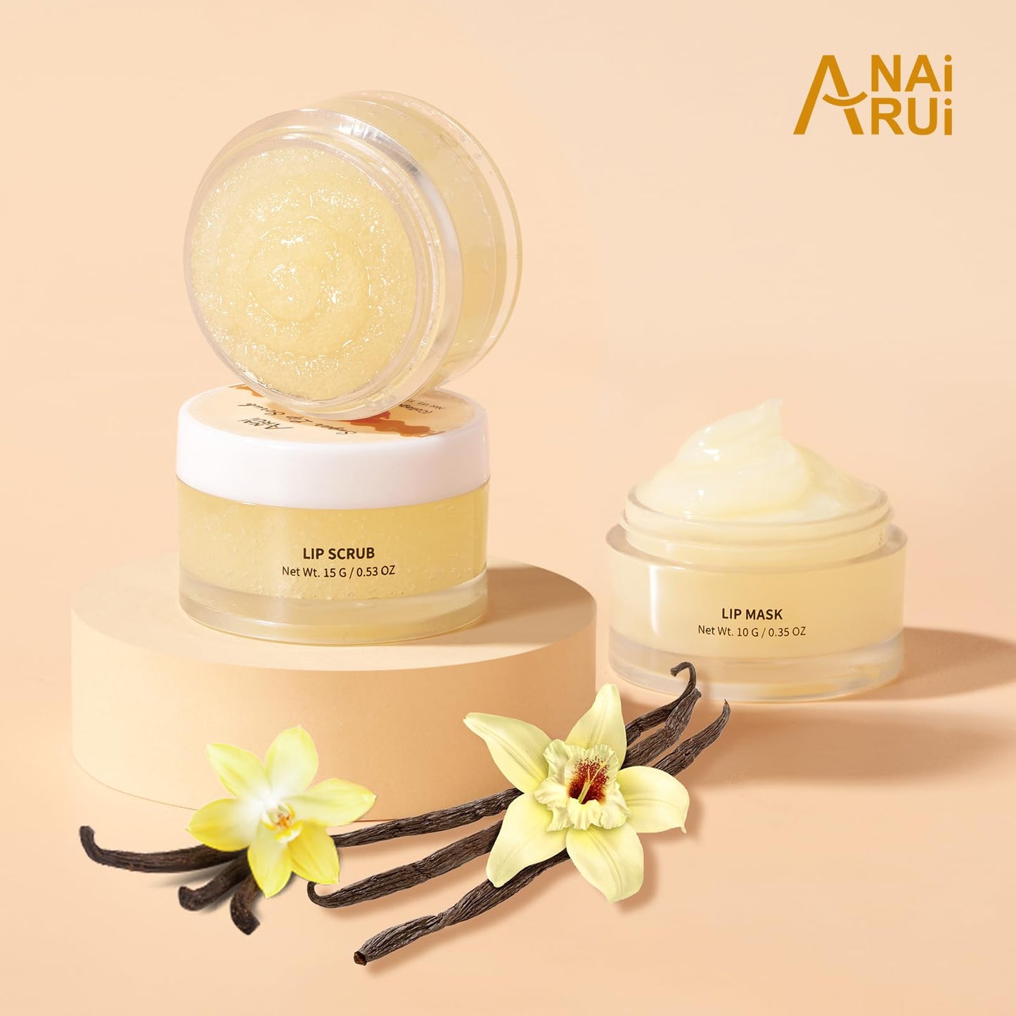 ANAI RUI Lip Mask and Scrub Set, Lip Sleeping Mask & Lip Exfoliator Scrub for Exfoliating, Lip Overnight Treatment, Lip Care Gift Kits for Dry, Chapped & Dark Lips, Holiday Gifts For Girls, Vanilla