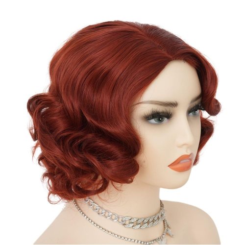 Salaibs Short Red 1920s Wigs for Women Finger Wave Natural Synthetic Hair Wig Lady Cosplay Halloween Costume Flapper Wig