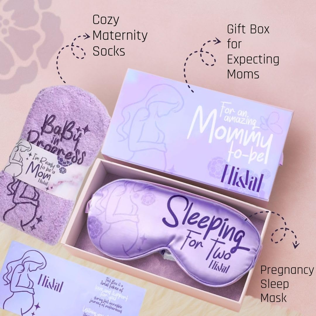 Eli & Val Mommy to Be Pregnancy Care Package – Soft Cotton Blend Maternity Sleep Mask with Elastic Closure and Fuzzy Socks Set, Purple