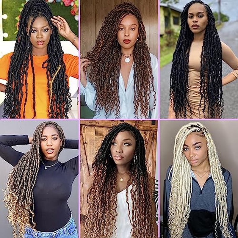 Leeven 30 Inch Ombre Burgundy Goddess Faux Locs Crochet Hair Crochet Soft Locs Hair With Curly Ends 7 Packs Synthetic Bohemian Locs Crochet Braiding Hair for Women TBUG# 12 Strands/Pack