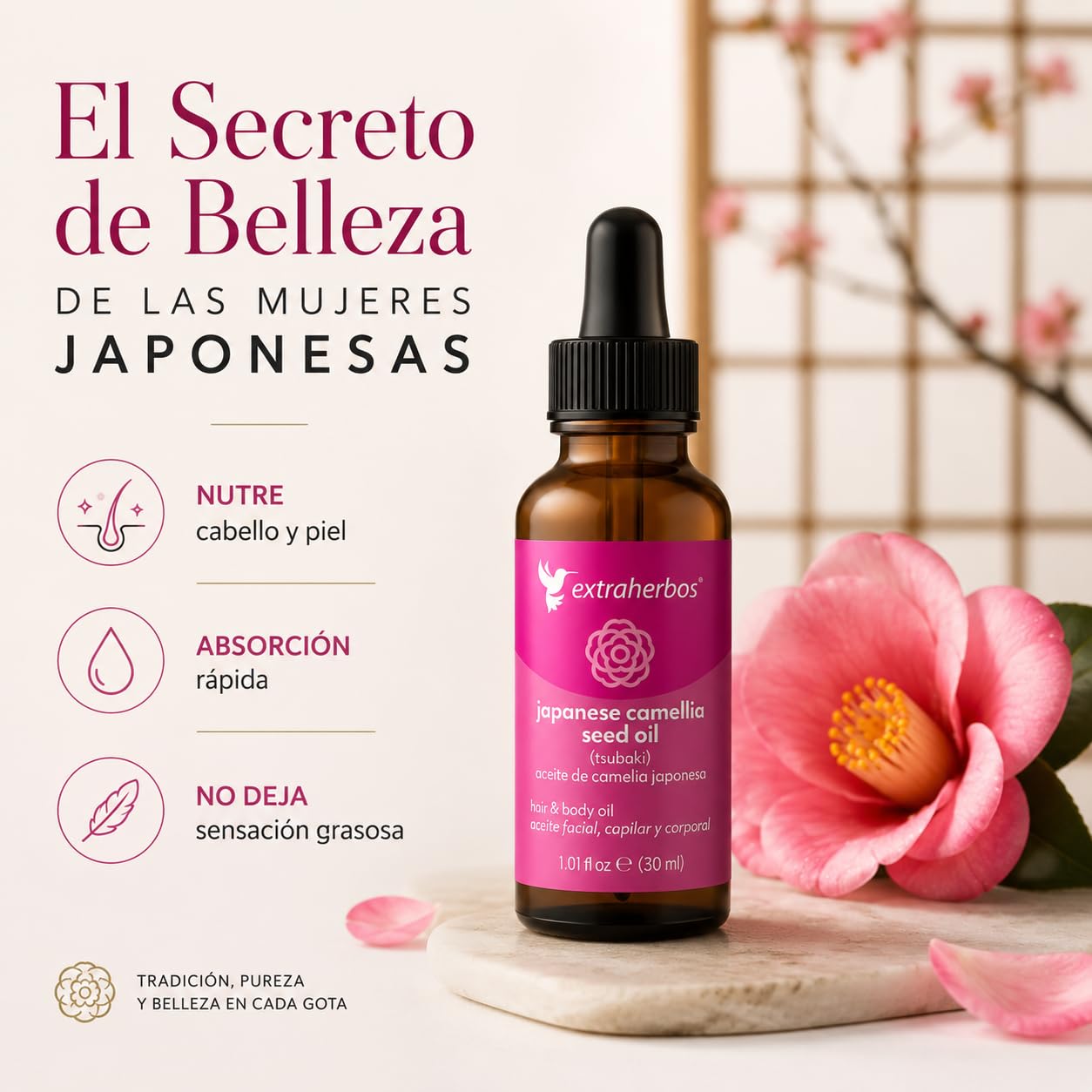 Extraherbos Pure Japanese Camellia Oil (Tsubaki) - 100% Organic Cold-Pressed Face & Hair Oil - Natural Glow & Anti-Aging Moisturizer - Japanese Beauty Secret for Glass Skin - Vegan -1 fl oz