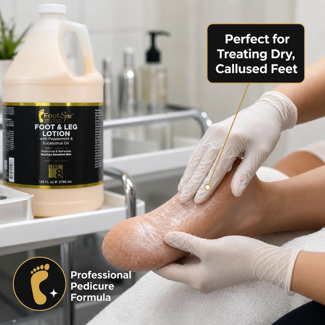 Foot SPA - Healing Therapy Massage Lotion,128 Oz - with Peppermint and Eucalyptus - Professional Pedicure, Body and Hot Oil Manicure, Infused with Natural Oils and Vitamins - Bulk, Refill Gallon