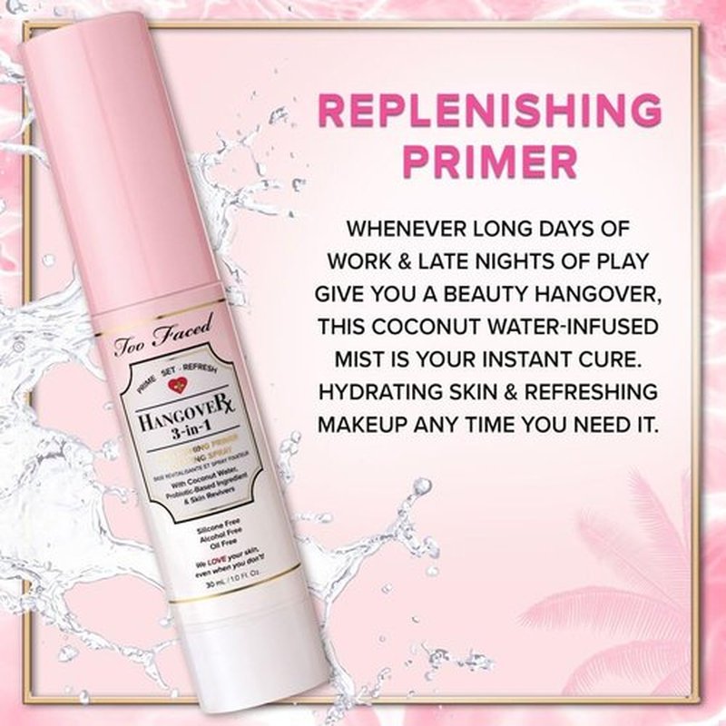 Too Faced Hangover 3-in-1 Primer & Setting Spray |Long Lasting + Hydrating, Travel Size, 1.01 Fl Oz, Clear