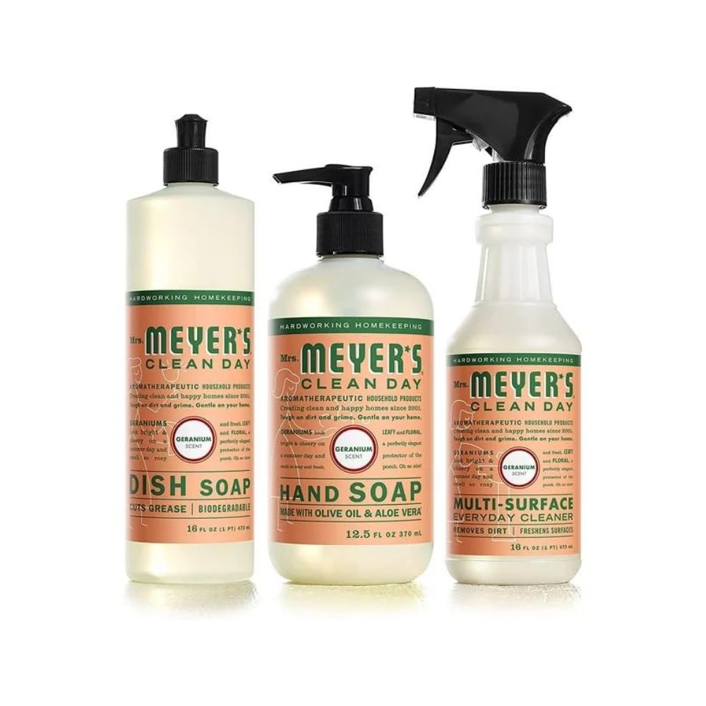 Mrs. MEYER'S Kitchen Set, Dish Soap, Hand Soap, and Multi-Surface Cleaner, 3 CT (Geranium)