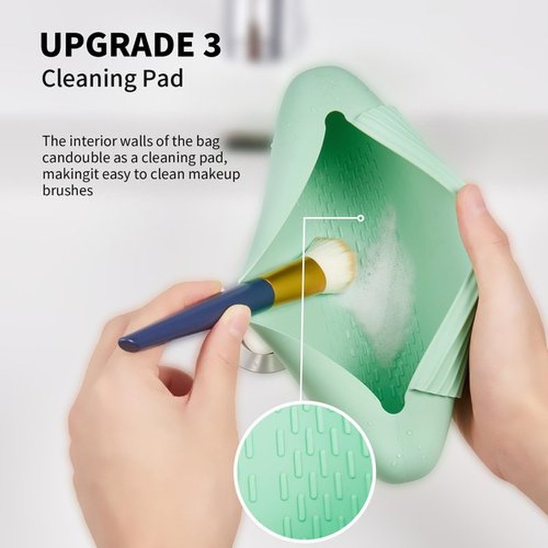 AGIKET Silicone Makeup Brush Holder Travel Cosmetic Bag：Soft Portable Cosmetic Face Brushes Holder with Upgrade Anti-Fall Out Magnetic Closure, Large Travel Makeup Brush Case - Green