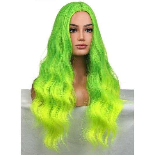 BERON Neon Green Wigs Long Wavy Wig for Women Costume Curly Ombre Green Color Girls Heat Resistant Synthetic Hair Wigs for Cosplay Party or Daily Used