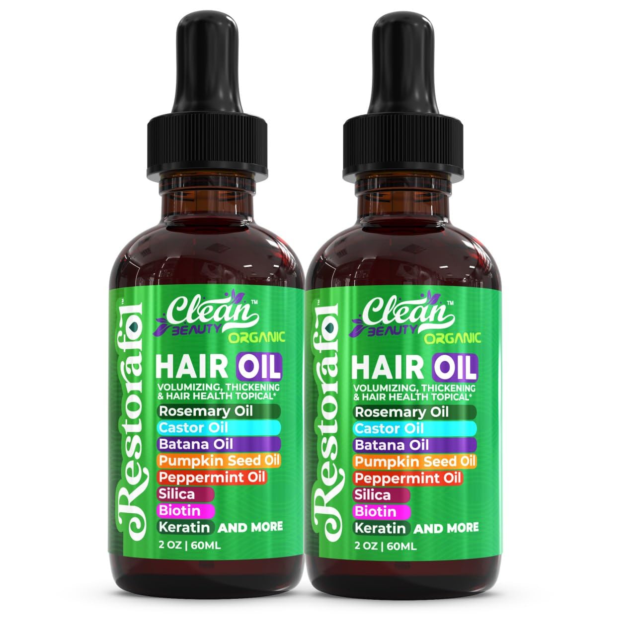 Clean Beauty Rosemary Hair Oil For Growth with Castor Batana Pumpkin Seed Peppermint Silica Biotin Collagen Keratin Saw Palmetto Horsetail Tea Tree Vit E Aloe Vera Jojoba (2 Pack)