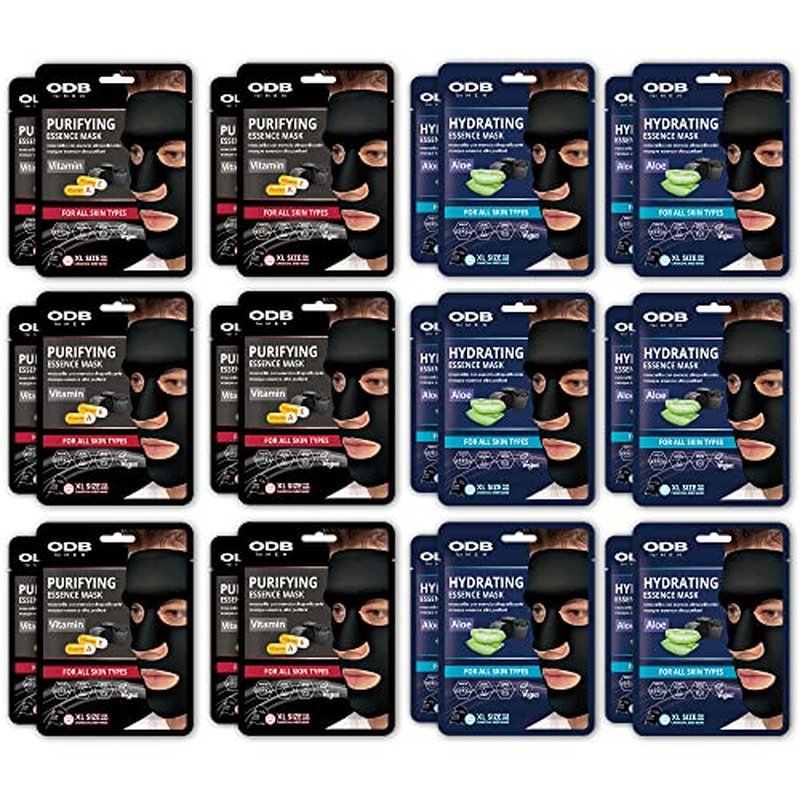 ODB for MEN Charcoal Essence Sheet Mask for Bearded Men 24 PK Hydrating Aloe & Purifying Vitamin Facial Mask for men with beards Mens Skin Care Sheet Masks for Face Mens Skin Care Kit Bulk Face Masks