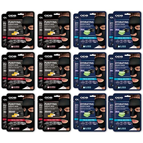 ODB for MEN Charcoal Essence Sheet Mask for Bearded Men 24 PK Hydrating Aloe & Purifying Vitamin Facial Mask for men with beards Mens Skin Care Sheet Masks for Face Mens Skin Care Kit Bulk Face Masks