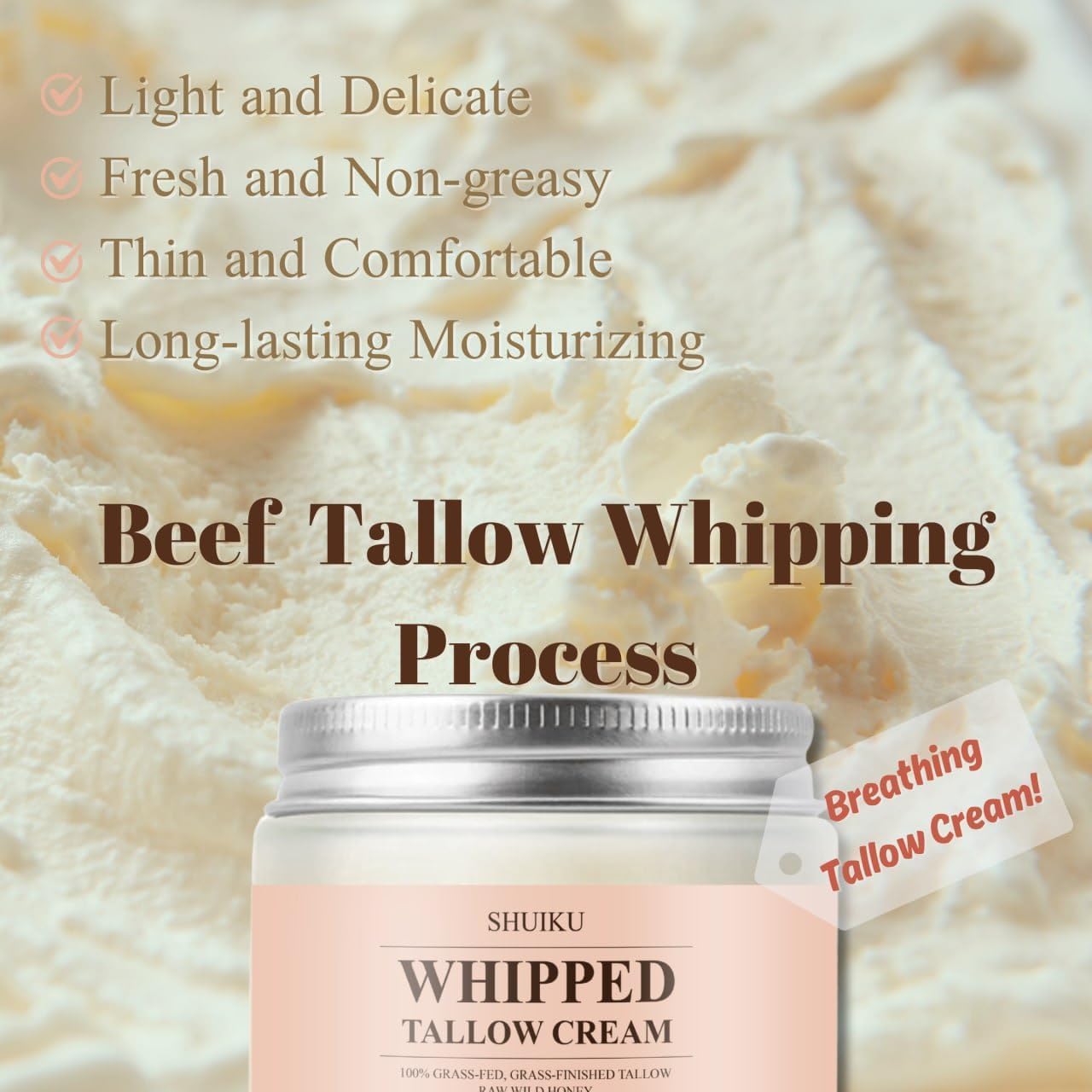 SHUIKU Beef Tallow for Skin – Organic Beef Tallow Balm & Whipped Tallow Moisturizer | Natural Tallow Face & Body Cream, Honey Balm for Nourishing Skincare